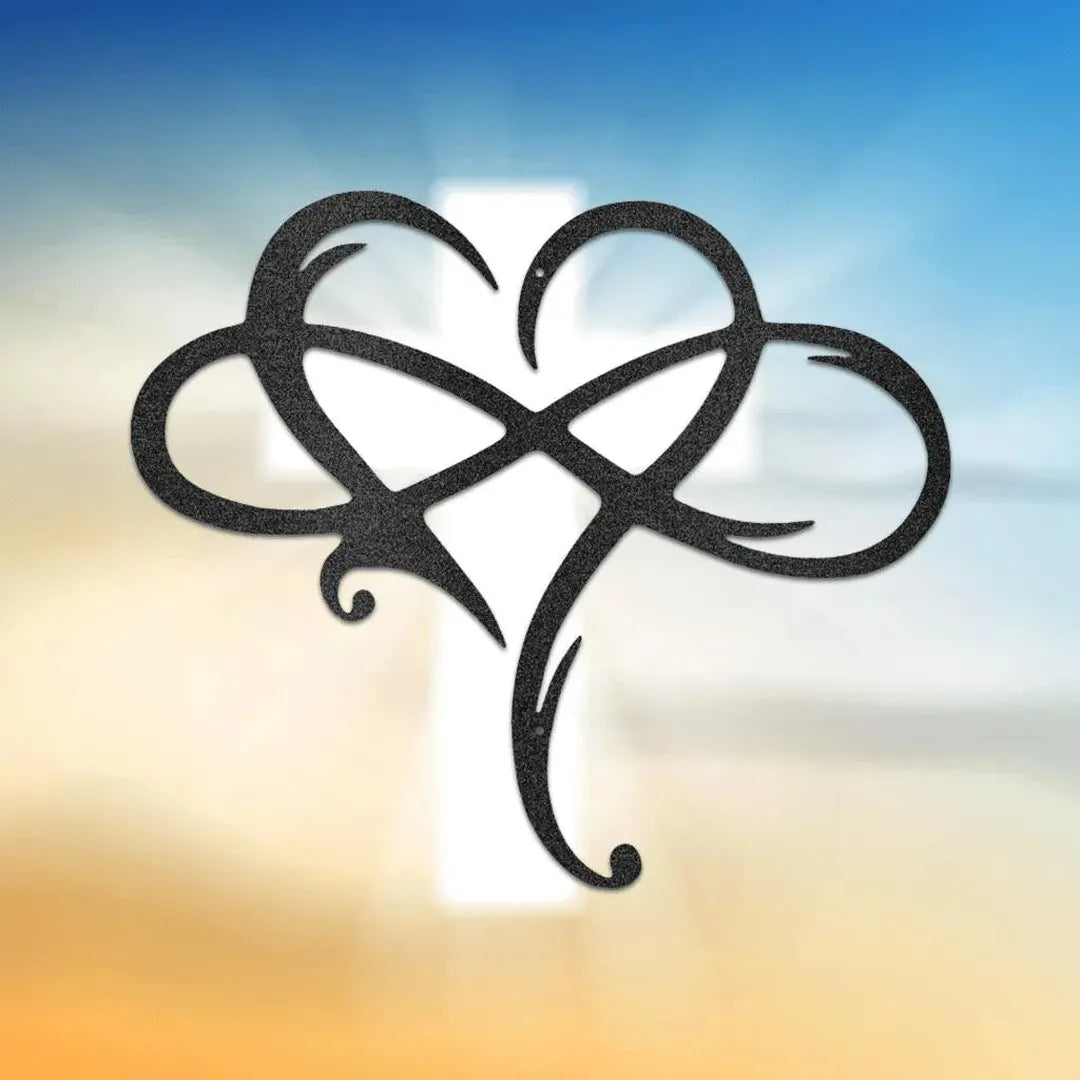 Black metal infinity symbol intertwined with a heart, set against a blurred cross and gradient sky.