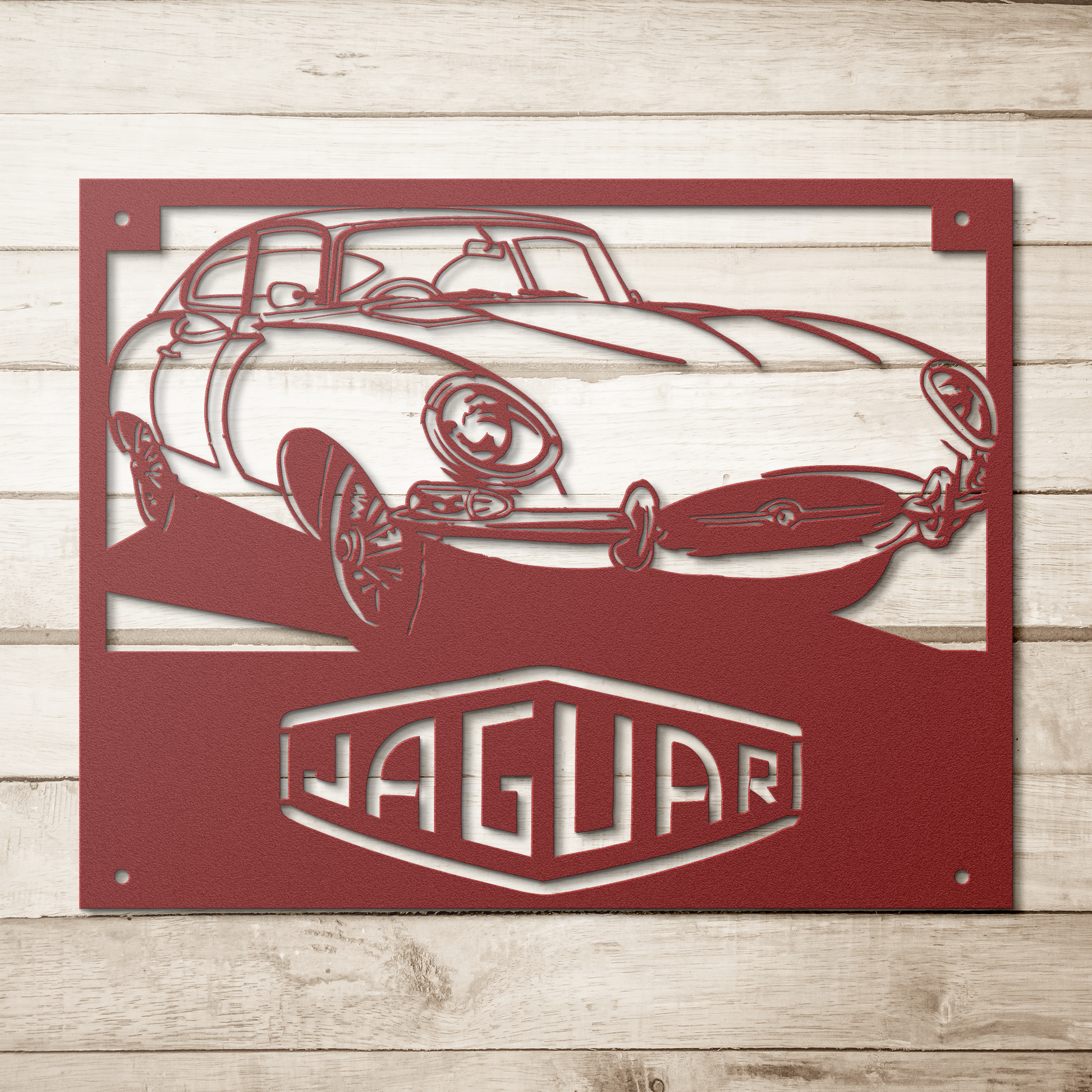 Jaguar_XKE_Coupe_Metal_Wall_Art_Red_Simple_Wood_BKGD_Mockup.png