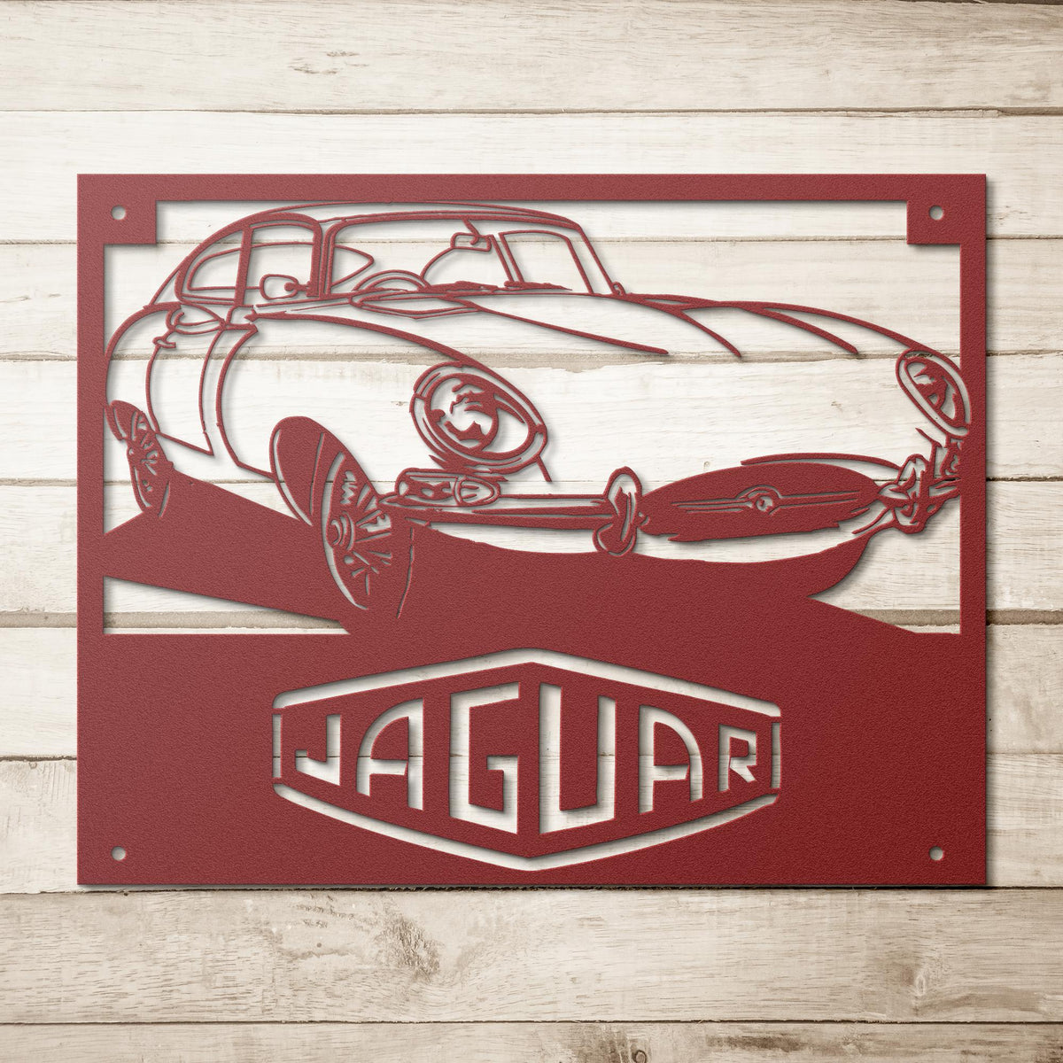 Jaguar_XKE_Coupe_Metal_Wall_Art_Red_Simple_Wood_BKGD_Mockup