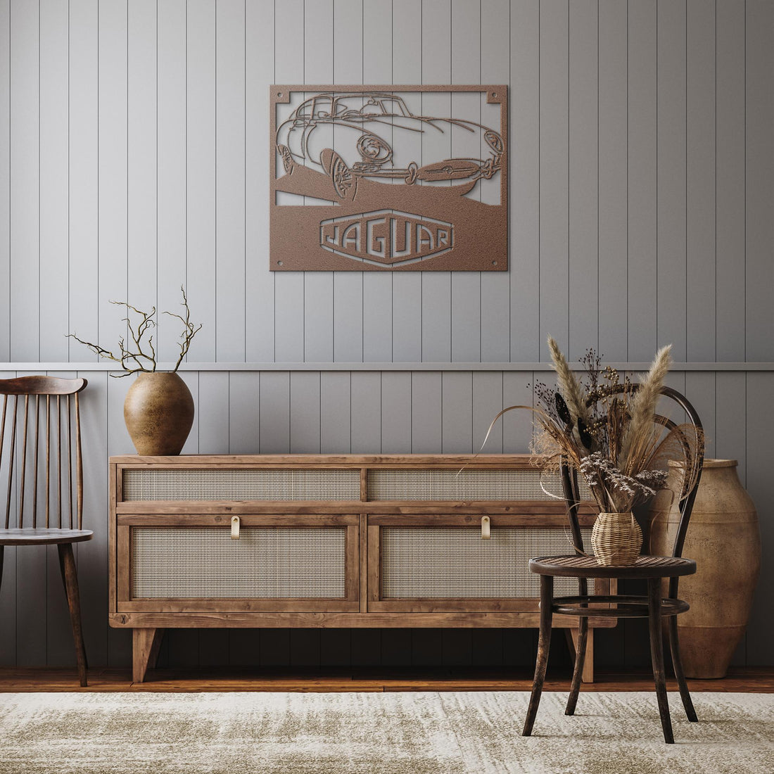Jaguar_XKE_Coupe_Metal_Wall_Art_Copper_Rustic_Hallway_Mockup