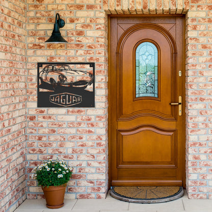 Jaguar_XKE_Coupe_Metal_Wall_Art_Black_Brick_Entrance_Mockup