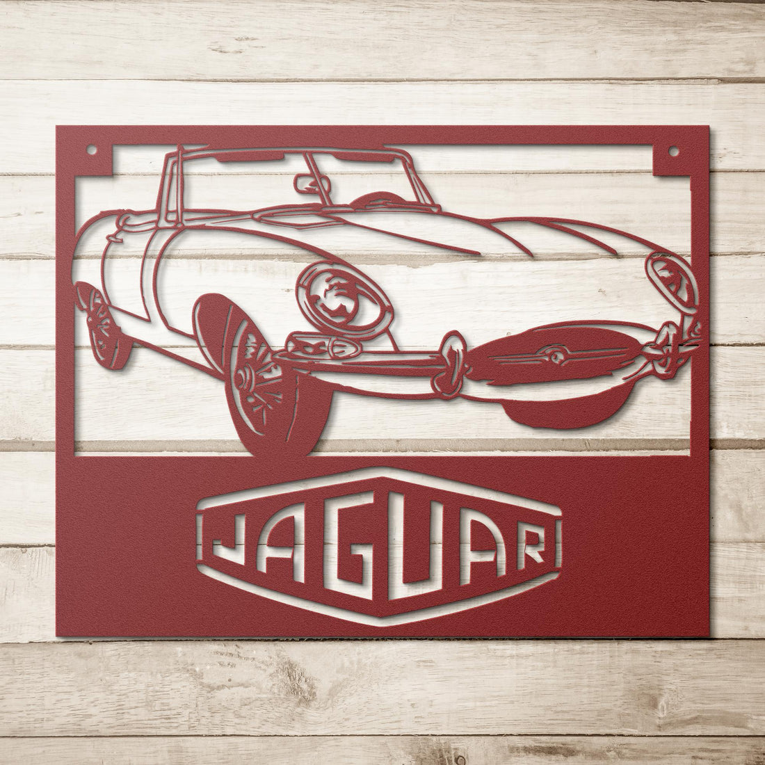 Jaguar_XKE_Roadster_Metal_Wall_Art_Red_Simple_Wood_BKGD_Mockup