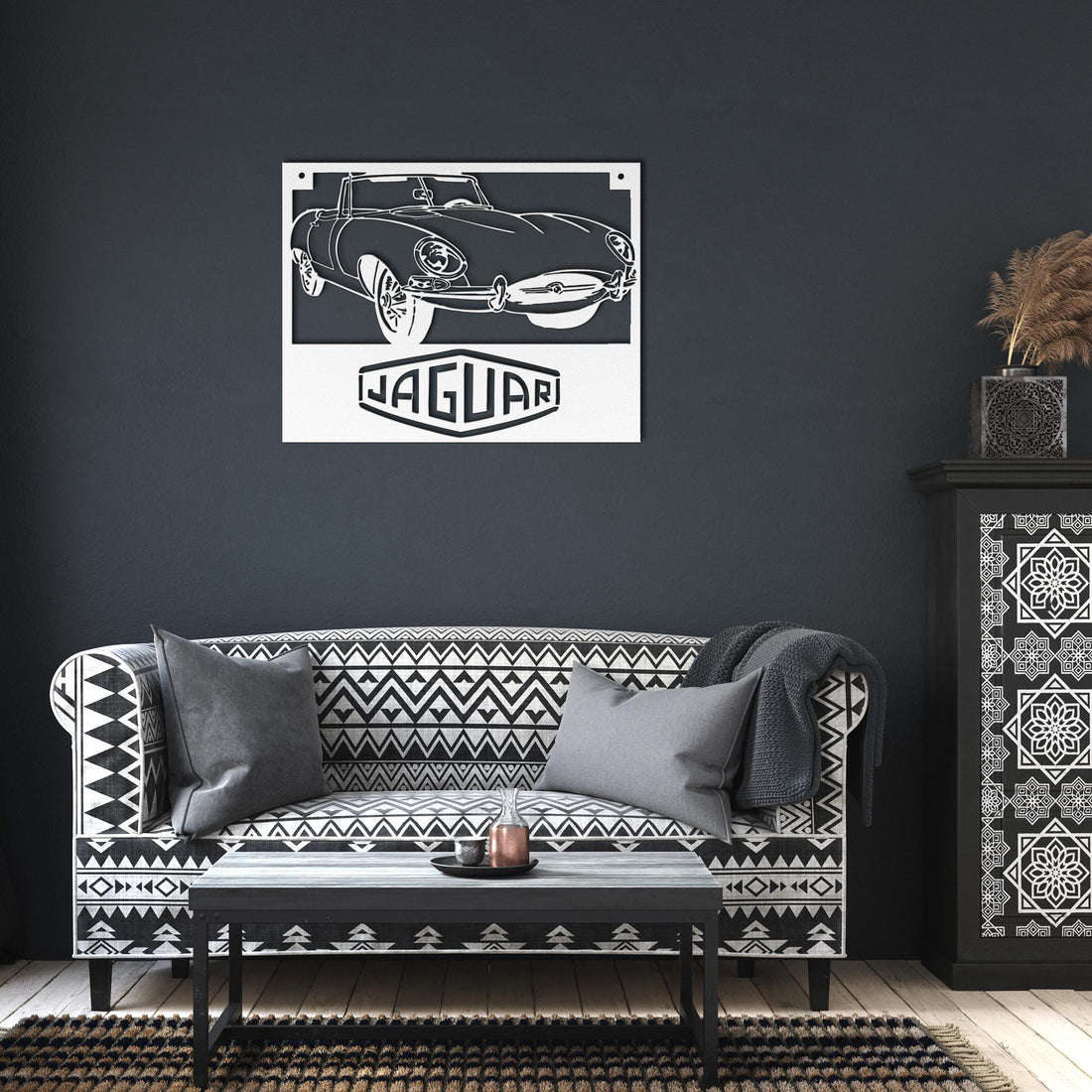 Jaguar_XKE_Roadster_Metal_Wall_Art_White_Dark_Living_Room_Mockup
