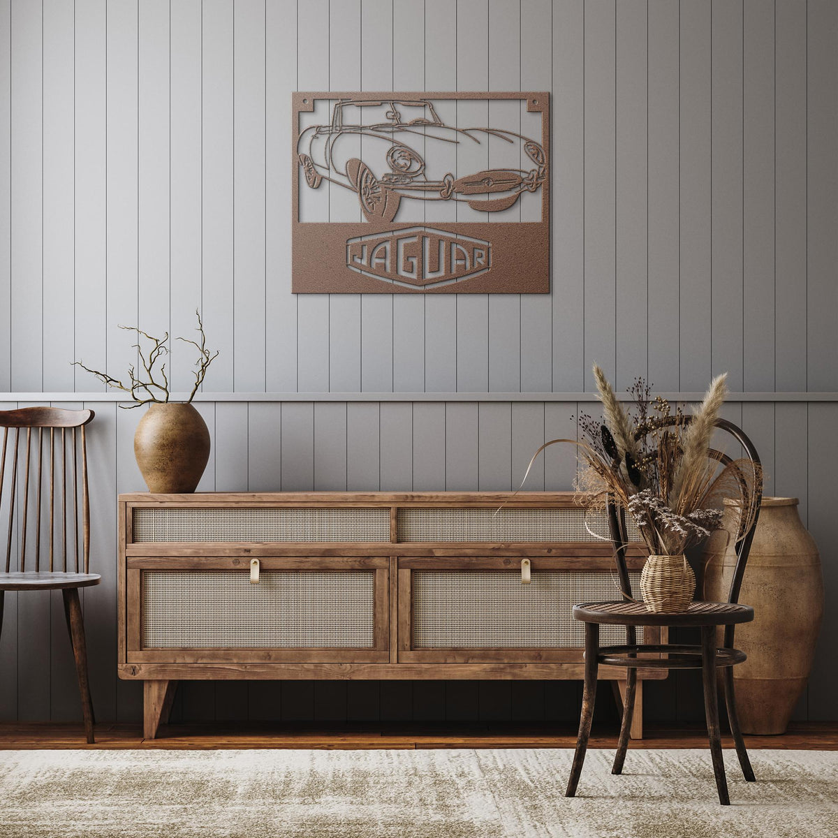 Jaguar_XKE_Roadster_Metal_Wall_Art_Copper_Rustic_Hallway_Mockup