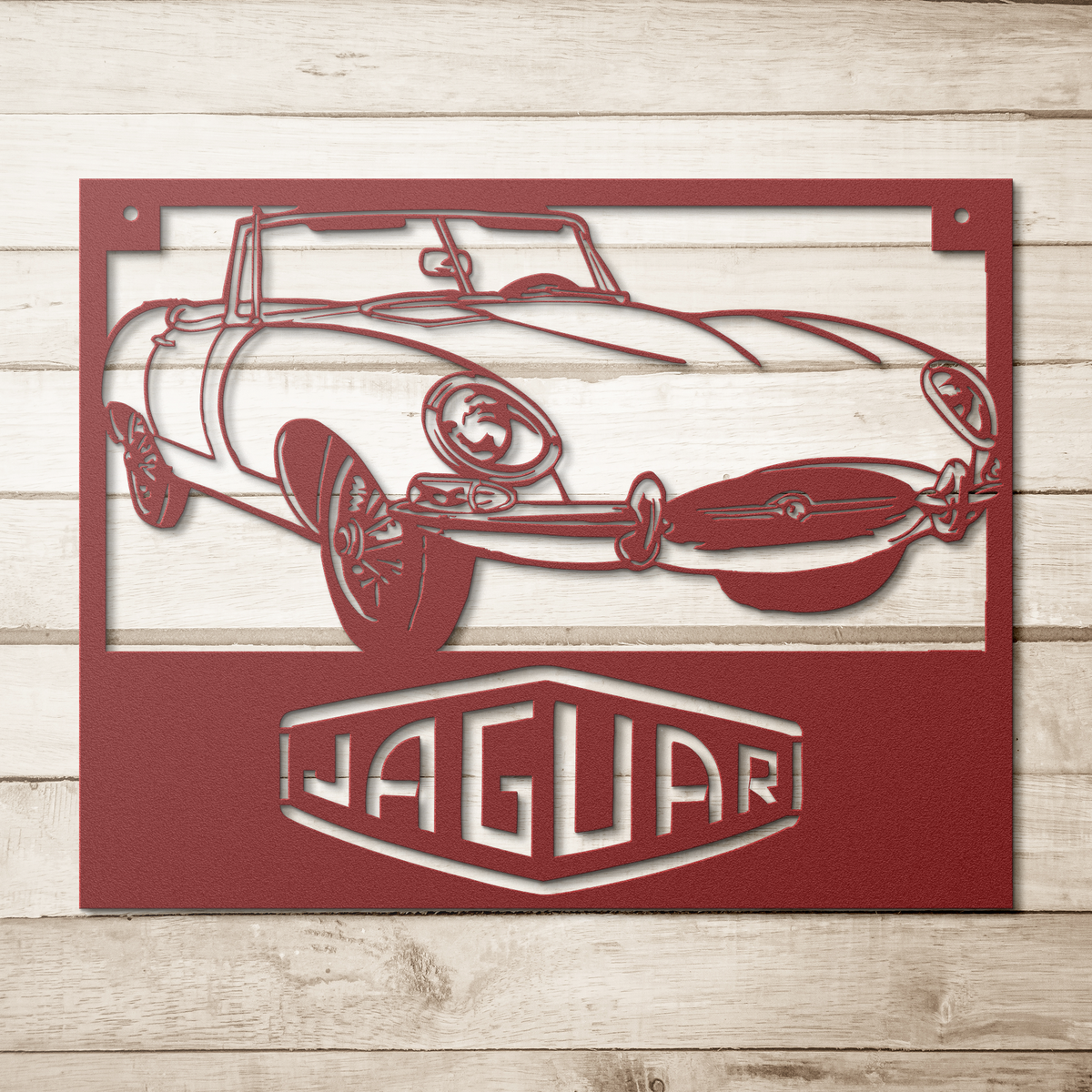 Jaguar_XKE_Roadster_Metal_Wall_Art_Red_Simple_Wood_BKGD_Mockup.png