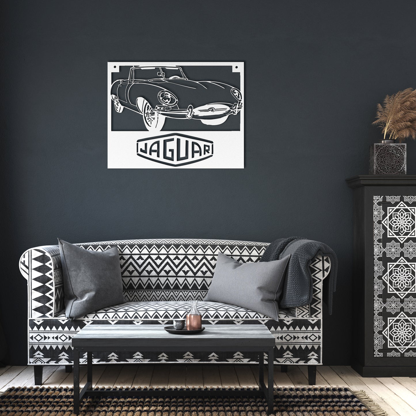Jaguar_XKE_Roadster_Metal_Wall_Art_White_Dark_Living_Room_Mockup.png