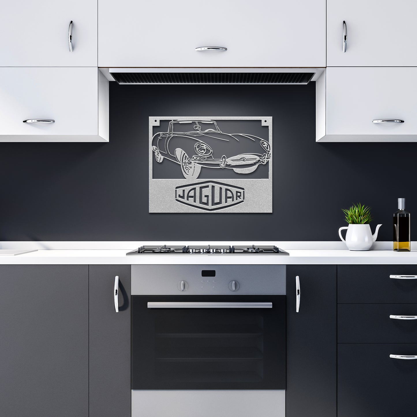 Jaguar_XKE_Roadster_Metal_Wall_Art_Silver_Dark_Kitchen_Mockup.png