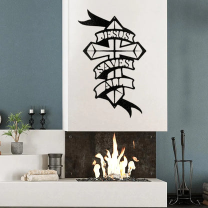 Black metal wall art featuring a cross with "Jesus Saves All" on a banner, displayed above a fireplace.