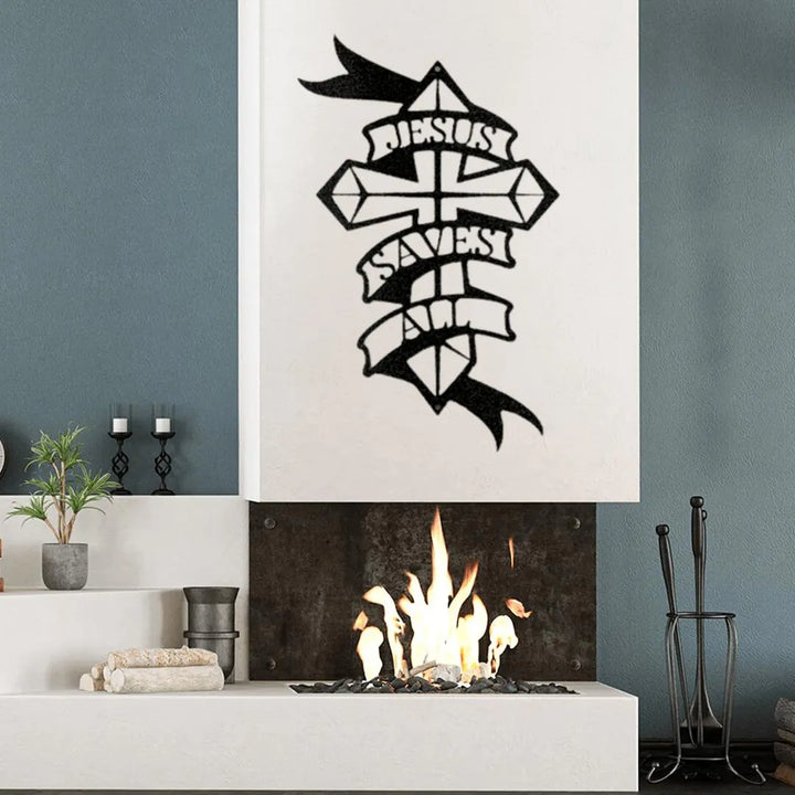 Black metal wall art featuring a cross with "Jesus Saves All" on a banner, displayed above a fireplace.