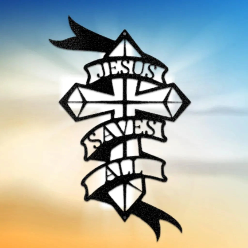 Black metal wall art cross with "Jesus Saves All" text on banners, against a blue and orange gradient.