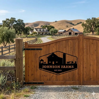 Wooden gate with 'Johnson Farms' logo in a rural landscape