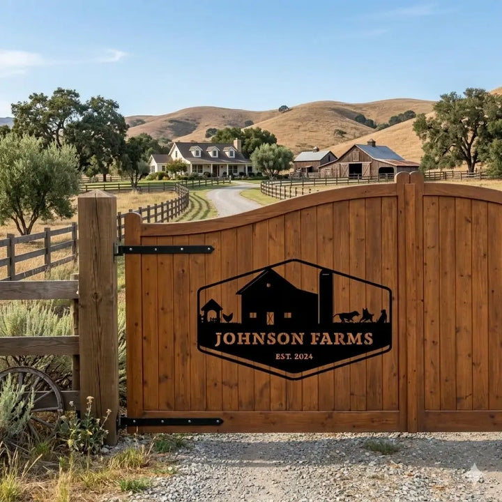 Wooden gate with 'Johnson Farms' logo in a rural landscape