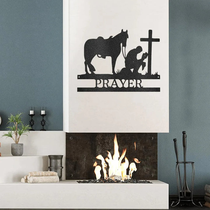 Black metal wall art: cowboy kneeling by a cross and horse, with "PRAYER" below.