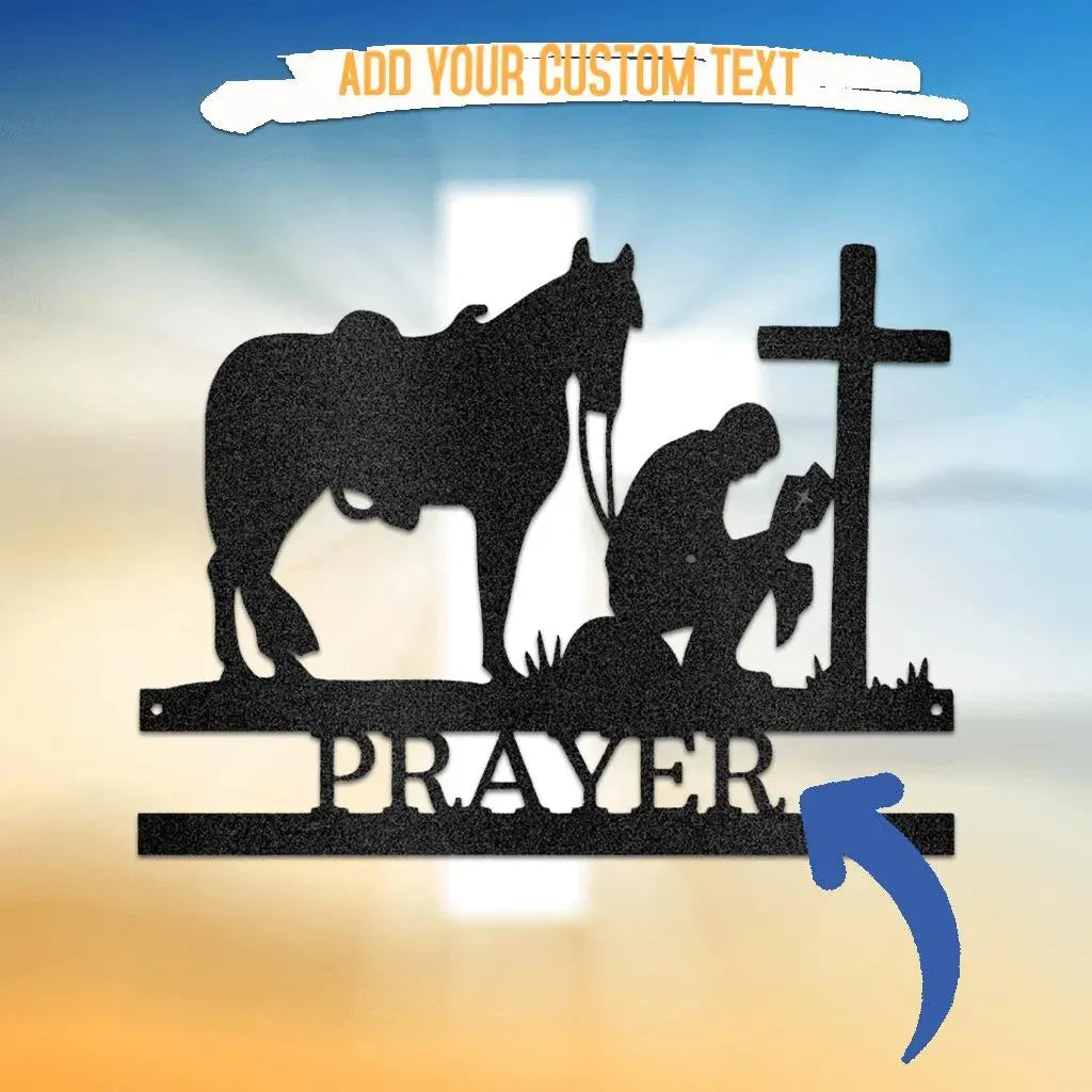Black metal wall art: kneeling cowboy, horse, cross, and "PRAYER" text.