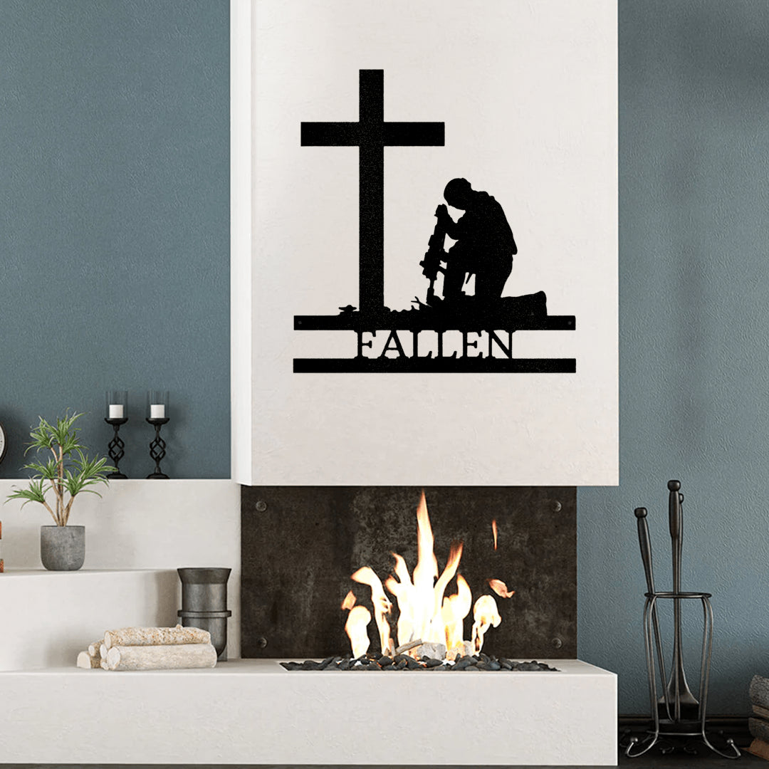 Kneeling Fallen Soldier Monogram Metal Wall Art