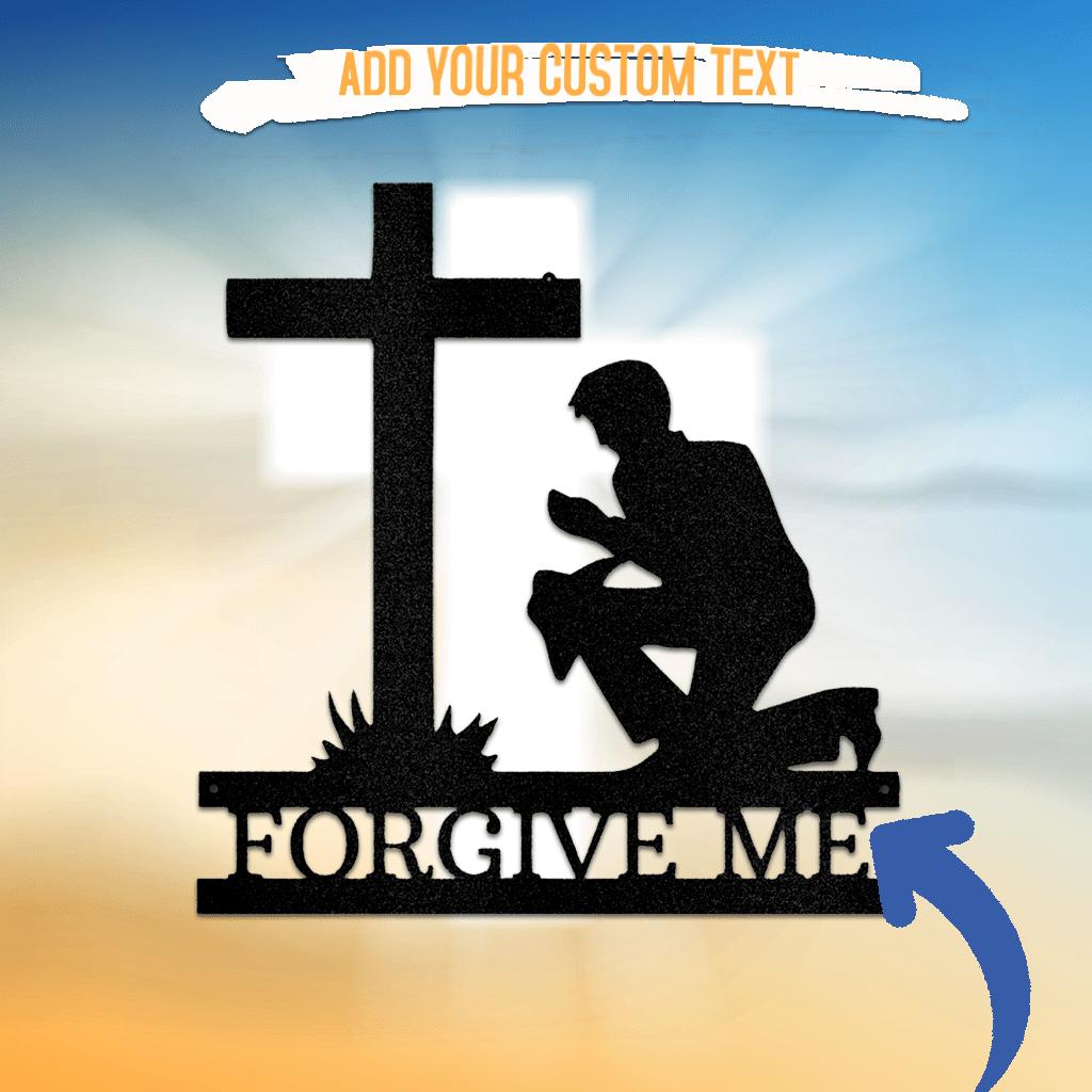 Black metal wall art of a man kneeling before a cross, with "FORGIVE ME" text below.