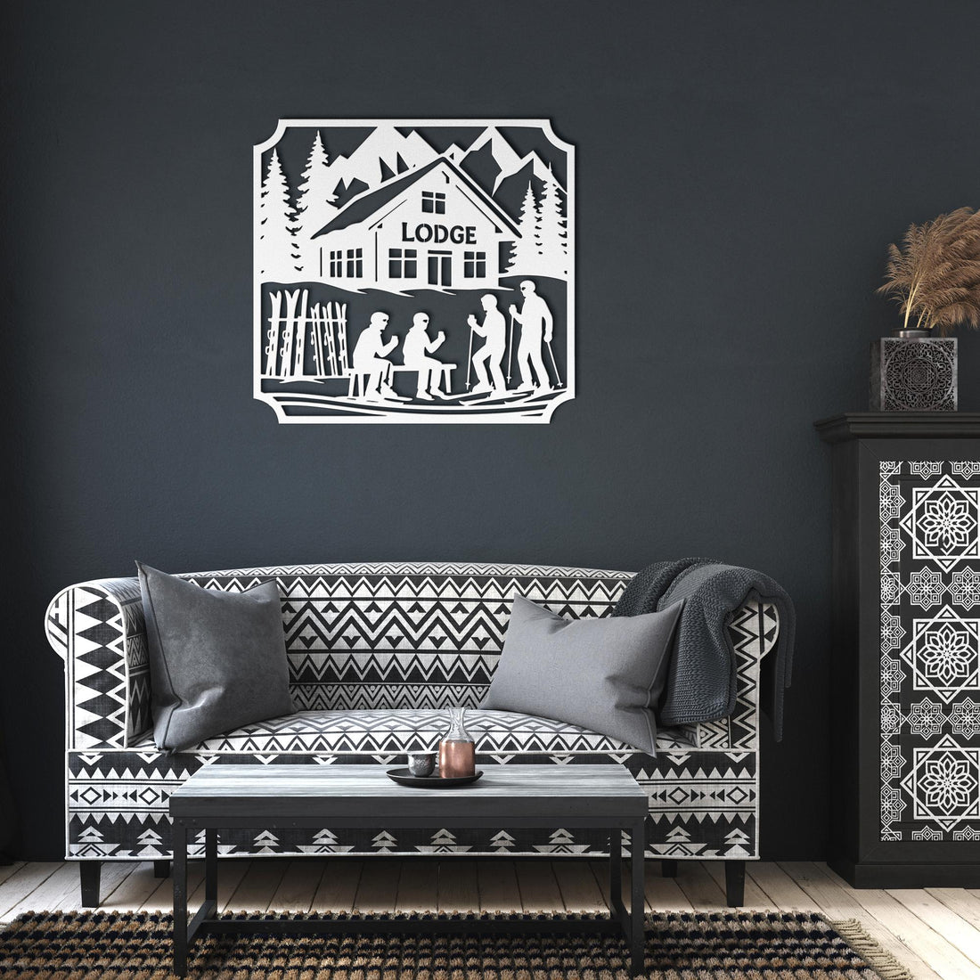 Lunch_at_the_Lodge_Metal_Wall_Art_White_Dark_Living_Room_Mockup.png