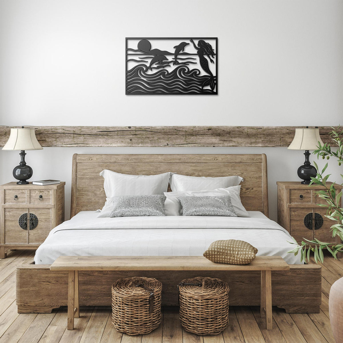 Mermaid__Dolphins_Ocean_Waves_Sunset_Black_Farmhouse_Bedroom_Mockup