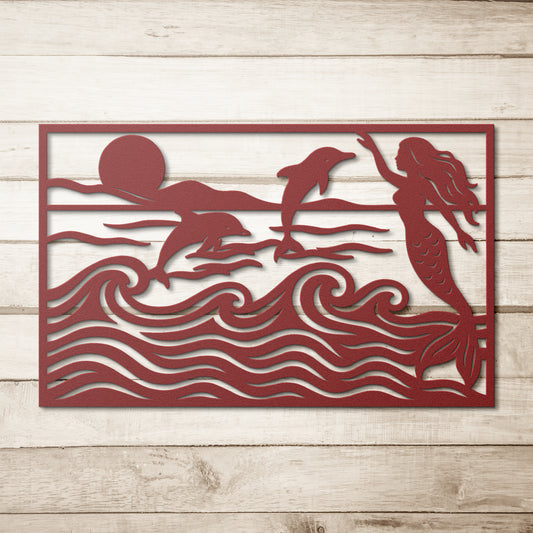 Mermaid__Dolphins_Ocean_Waves_Sunset_Red_Simple_Wood_BKGD_Mockup.png