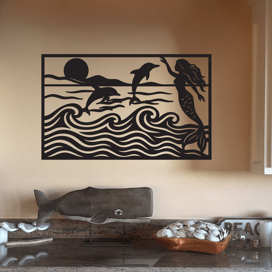 Mermaid & Dolphins Ocean Waves Metal Decor - Country Proud USA