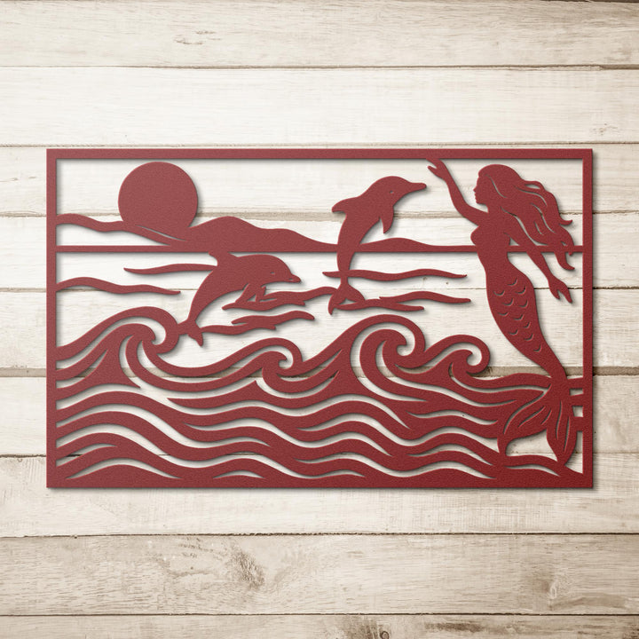 Mermaid__Dolphins_Ocean_Waves_Sunset_Red_Simple_Wood_BKGD_Mockup