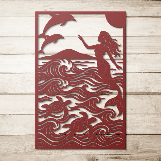 Mermaid__Dolphins_Metal_Wall_Art_with_S_Red_Simple_Wood_BKGD_Mockup.png