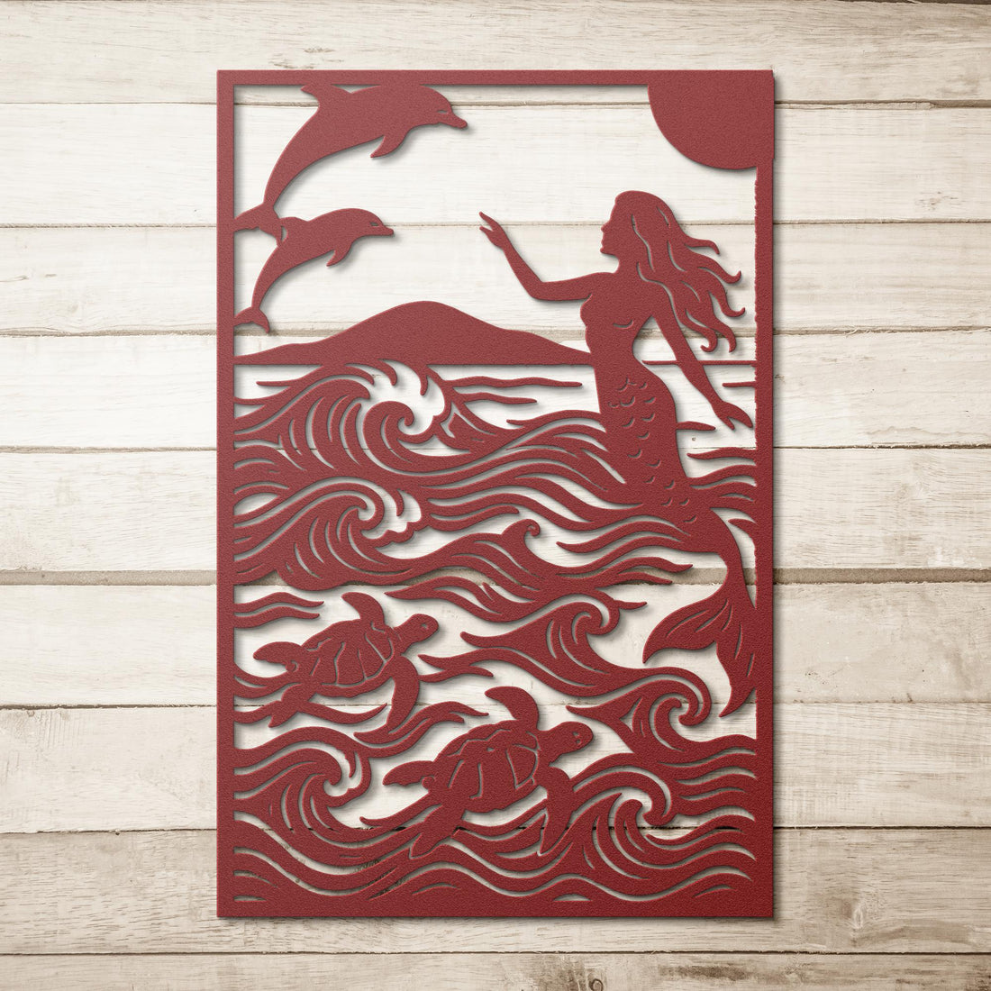 Mermaid__Dolphins_Metal_Wall_Art_with_S_Red_Simple_Wood_BKGD_Mockup