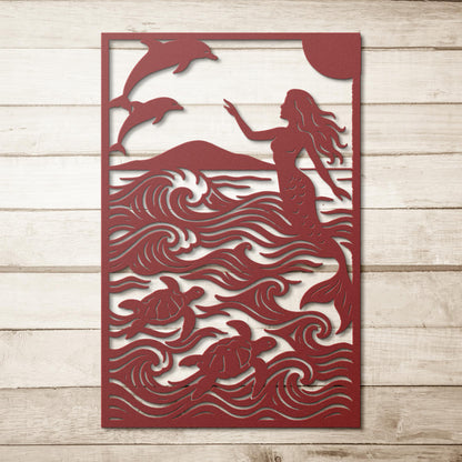 Mermaid__Dolphins_Metal_Wall_Art_with_S_Red_Simple_Wood_BKGD_Mockup