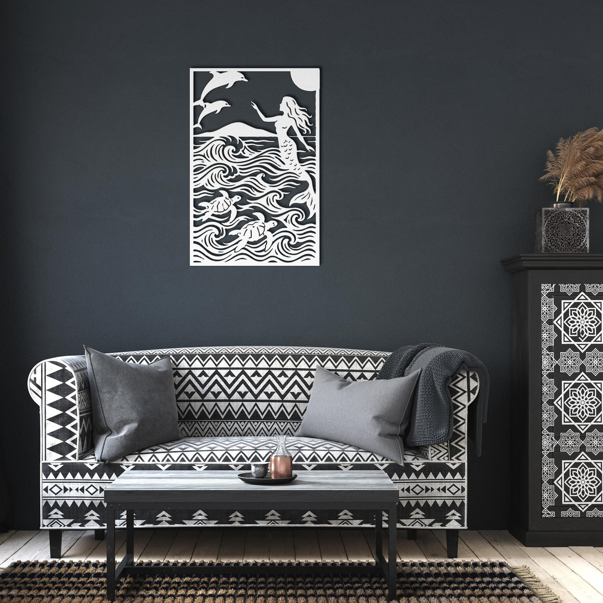 Mermaid__Dolphins_Metal_Wall_Art_with_S_White_Dark_Living_Room_Mockup