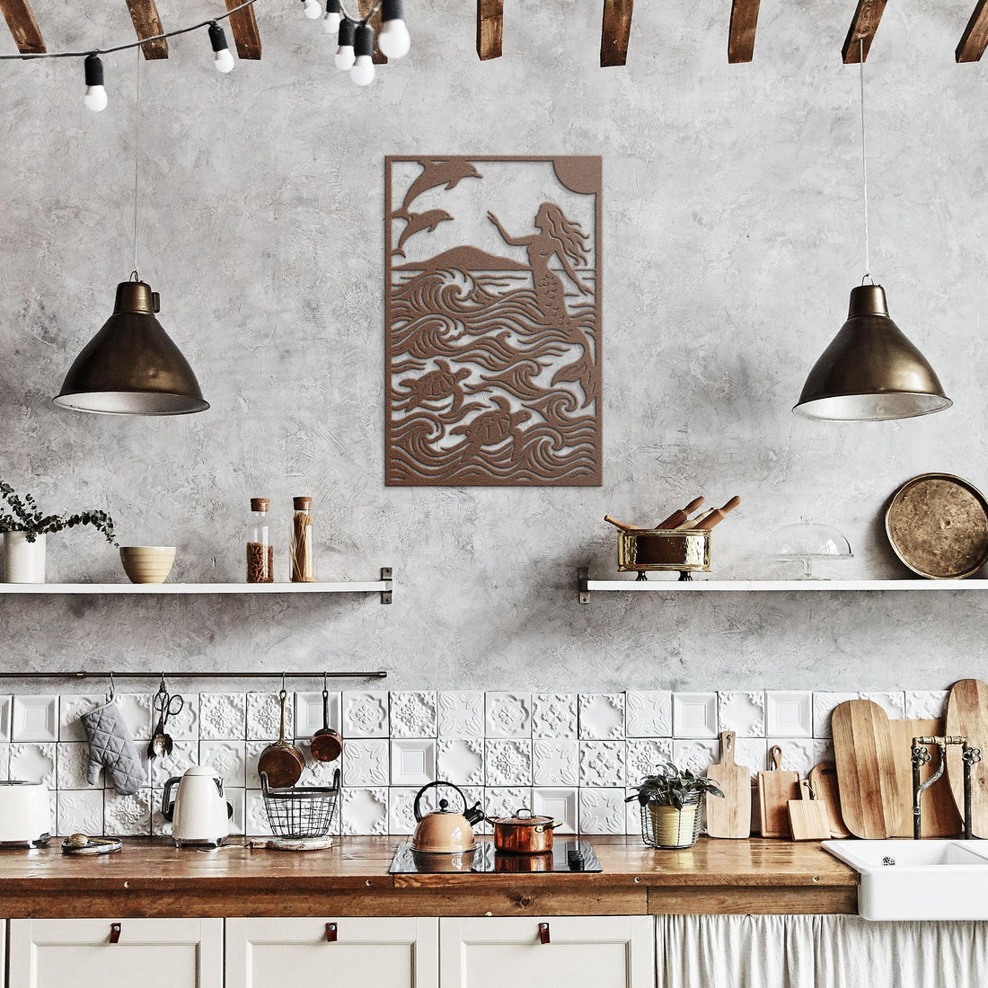Mermaid__Dolphins_Metal_Wall_Art_with_S_Copper_Rustic_Kitchen_Mockup