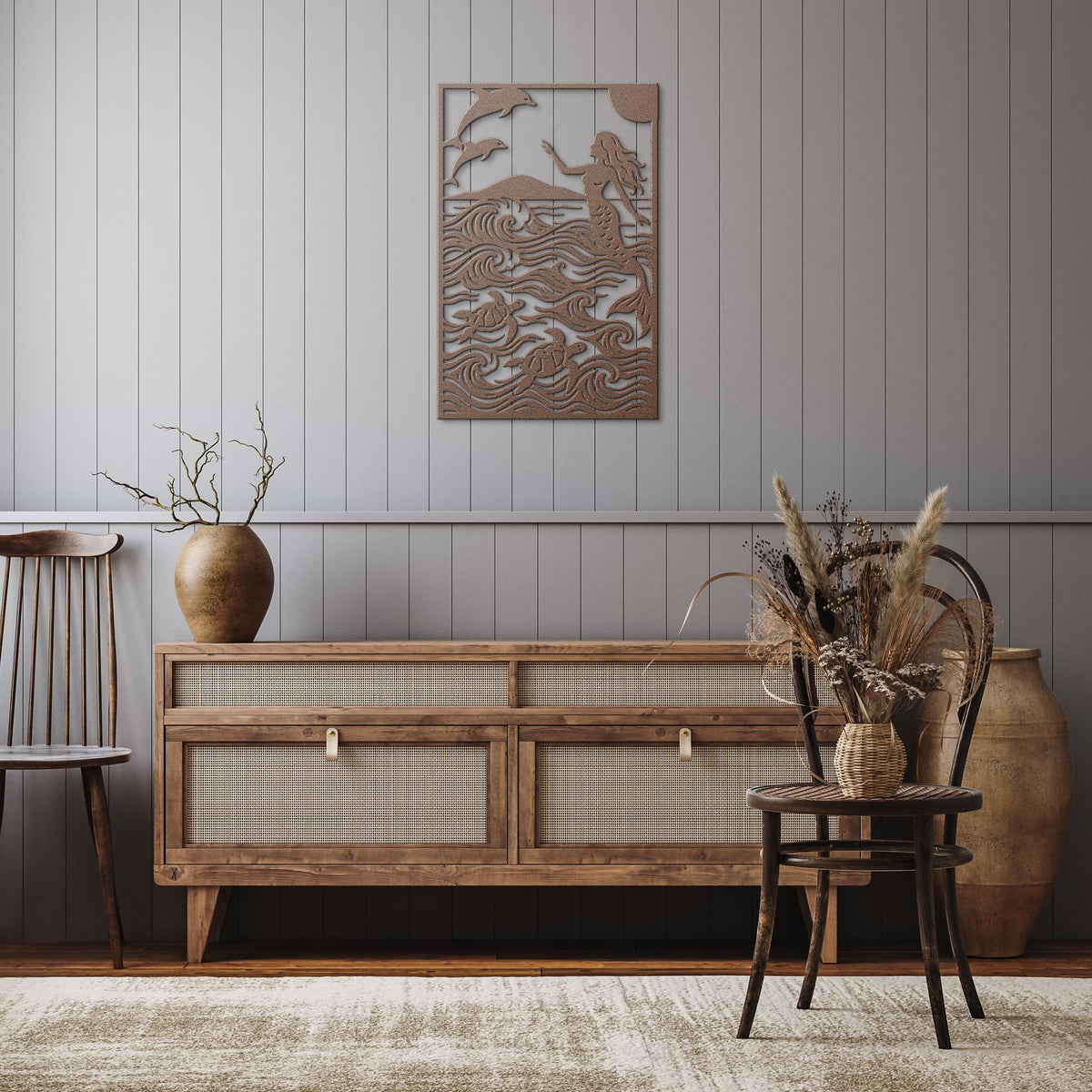 Mermaid__Dolphins_Metal_Wall_Art_with_S_Copper_Rustic_Hallway_Mockup