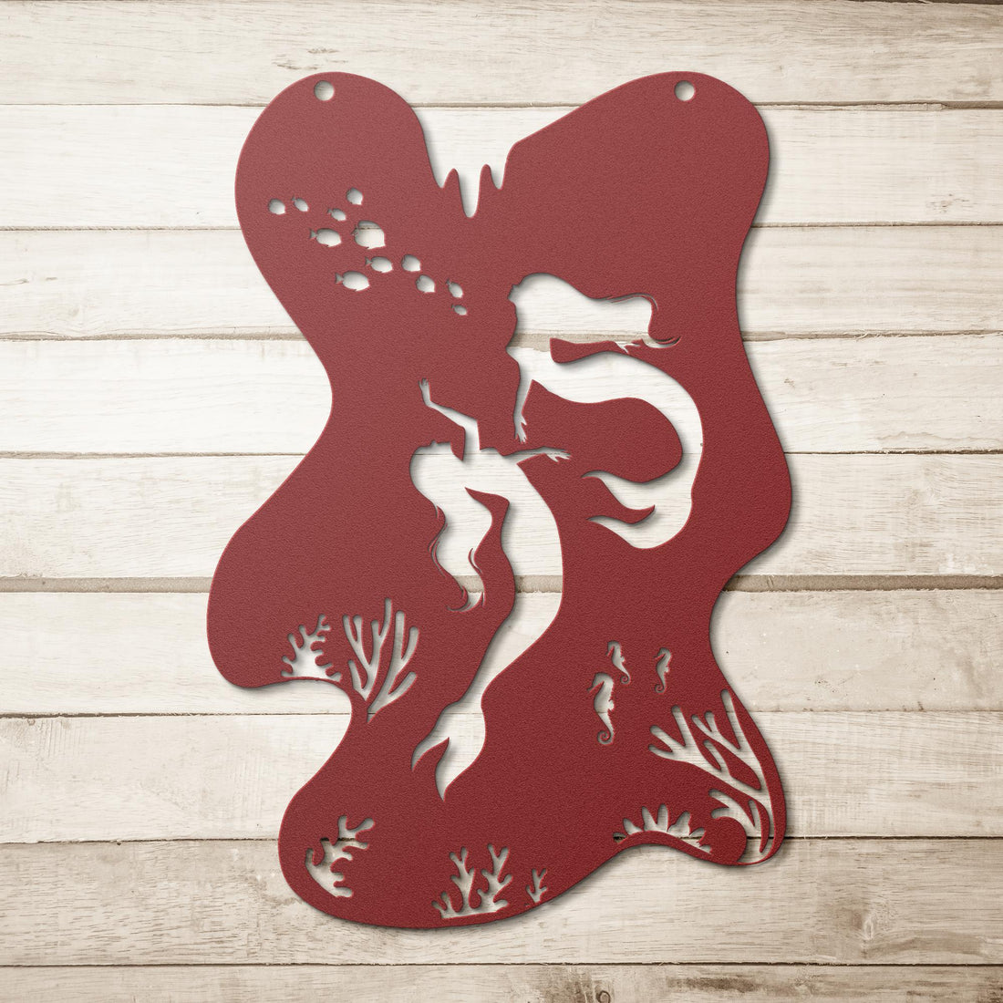 Mermaid_Dreams_Metal_Wall_Art_Red_Simple_Wood_BKGD_Mockup