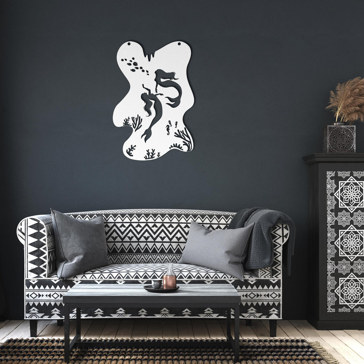 Mermaid_Dreams_Metal_Wall_Art_White_Dark_Living_Room_Mockup