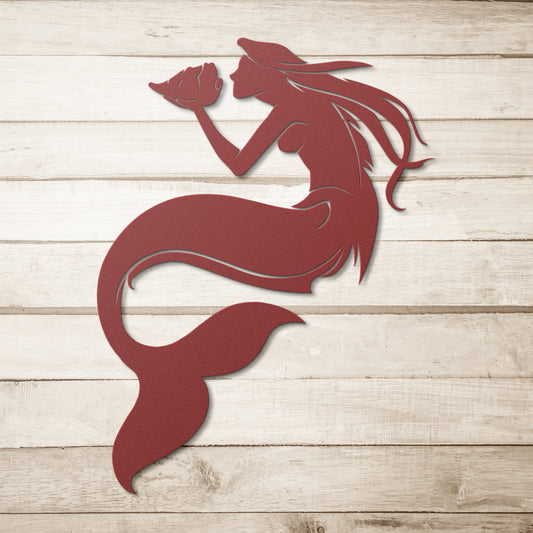 Mermaid_with_Conch_Shell_Metal_Wall_Art_Red_Simple_Wood_BKGD_Mockup.png