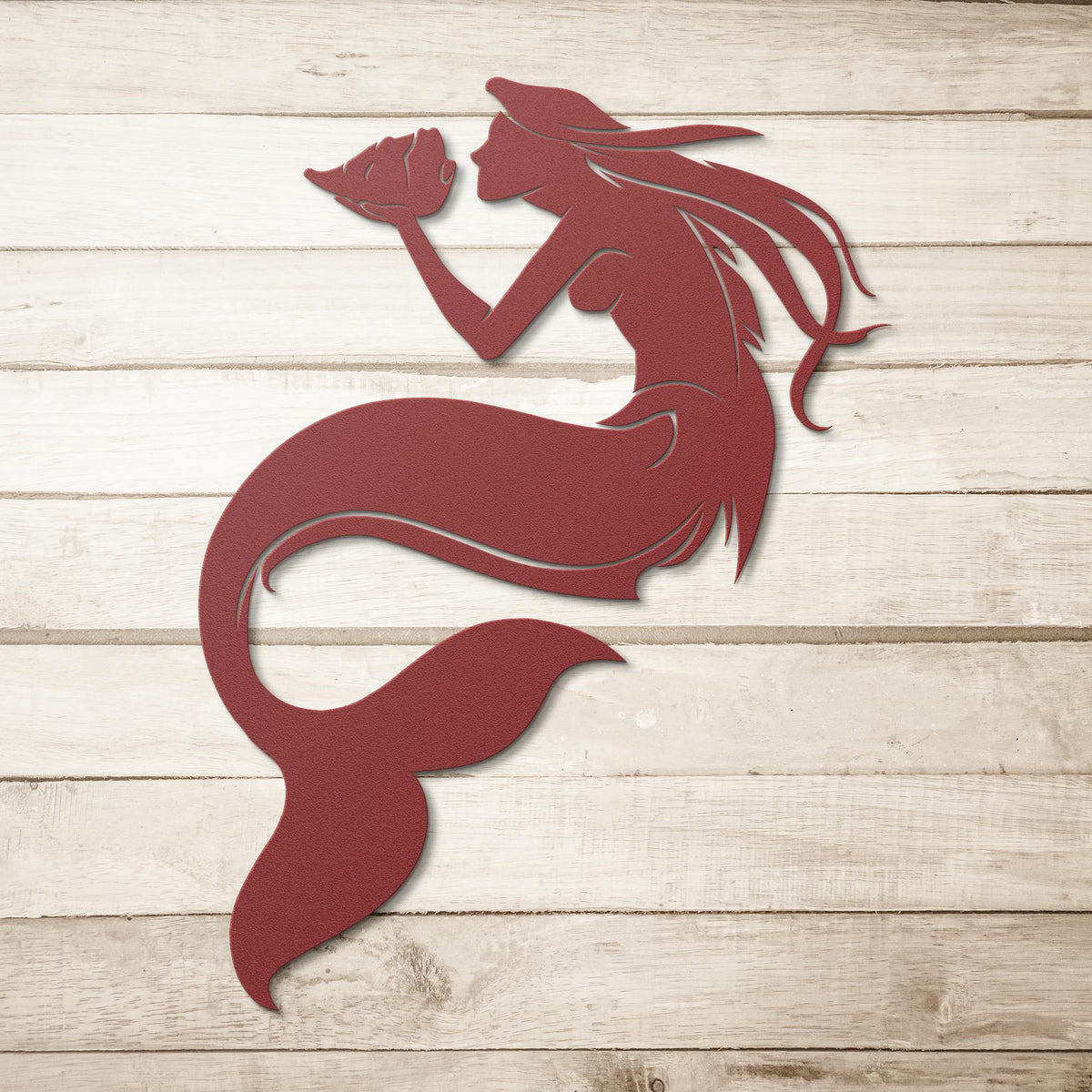 Mermaid_with_Conch_Shell_Metal_Wall_Art_Red_Simple_Wood_BKGD_Mockup
