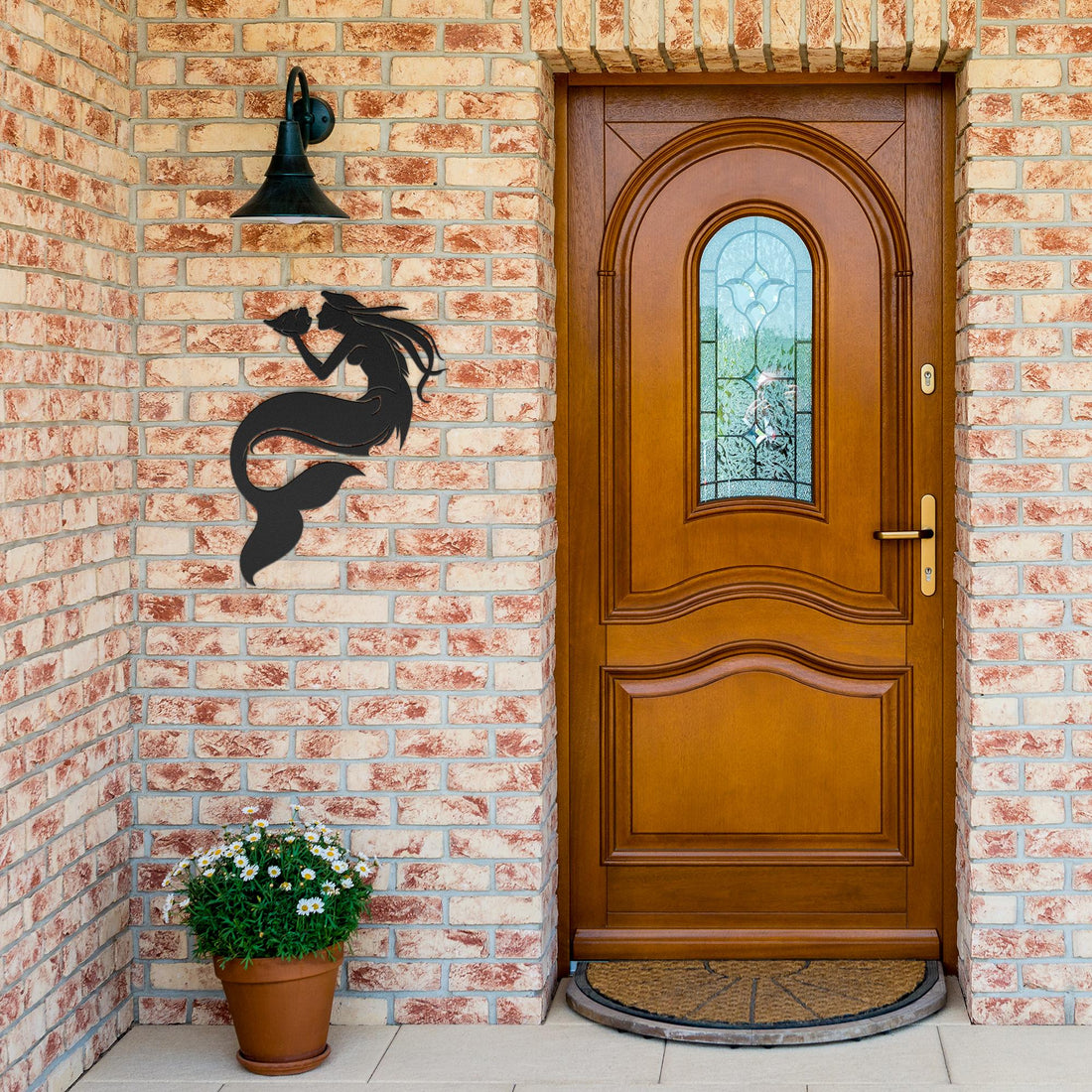 Mermaid_with_Conch_Shell_Metal_Wall_Art_Black_Brick_Entrance_Mockup