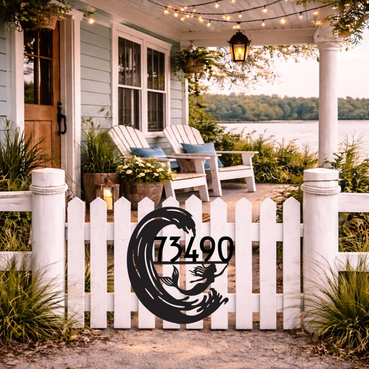 Cottage with a white picket fence, chairs, and a decorative metal sign with numbers.