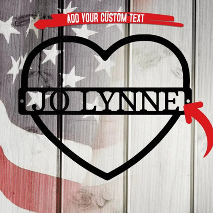 Black metal heart monogram wall art with "JO LYNNE" custom text, on a rustic American flag background.