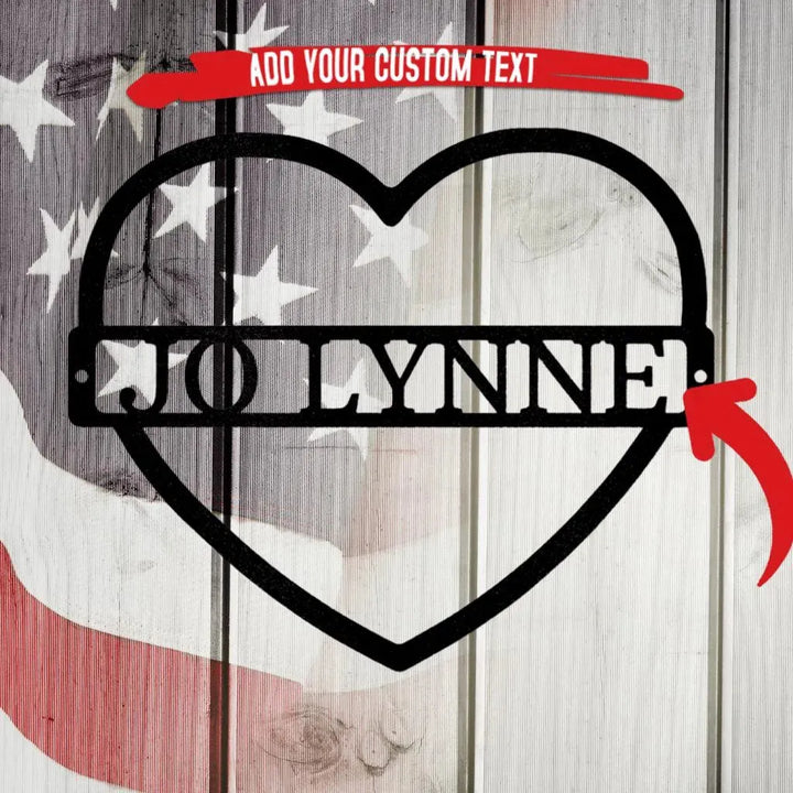 Black metal heart monogram wall art with "JO LYNNE" custom text, on a rustic American flag background.