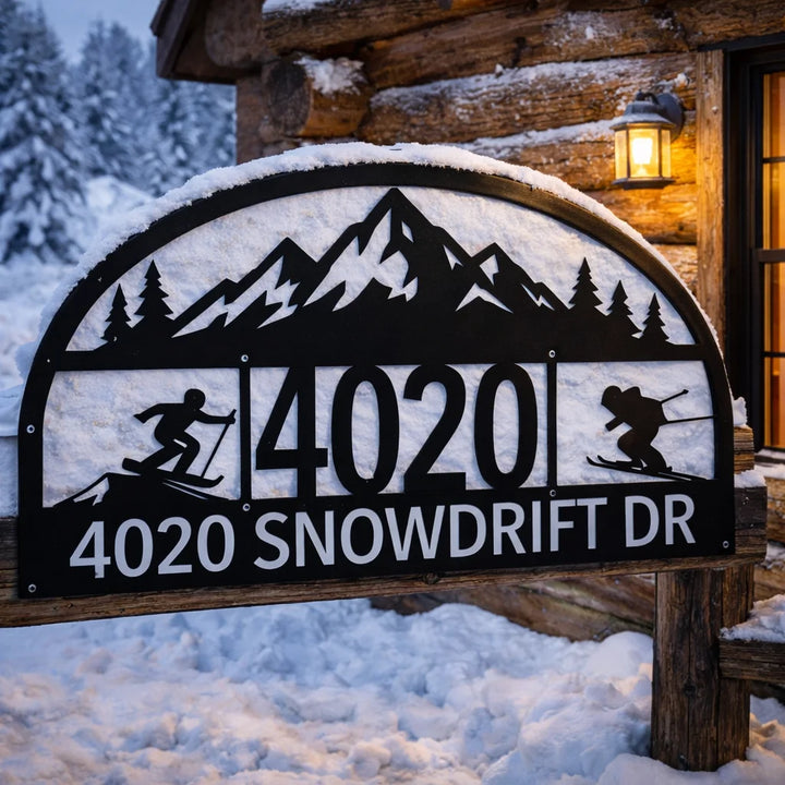 House number sign with mountain design and '4020 Snowdrift Dr' text in a snowy setting.