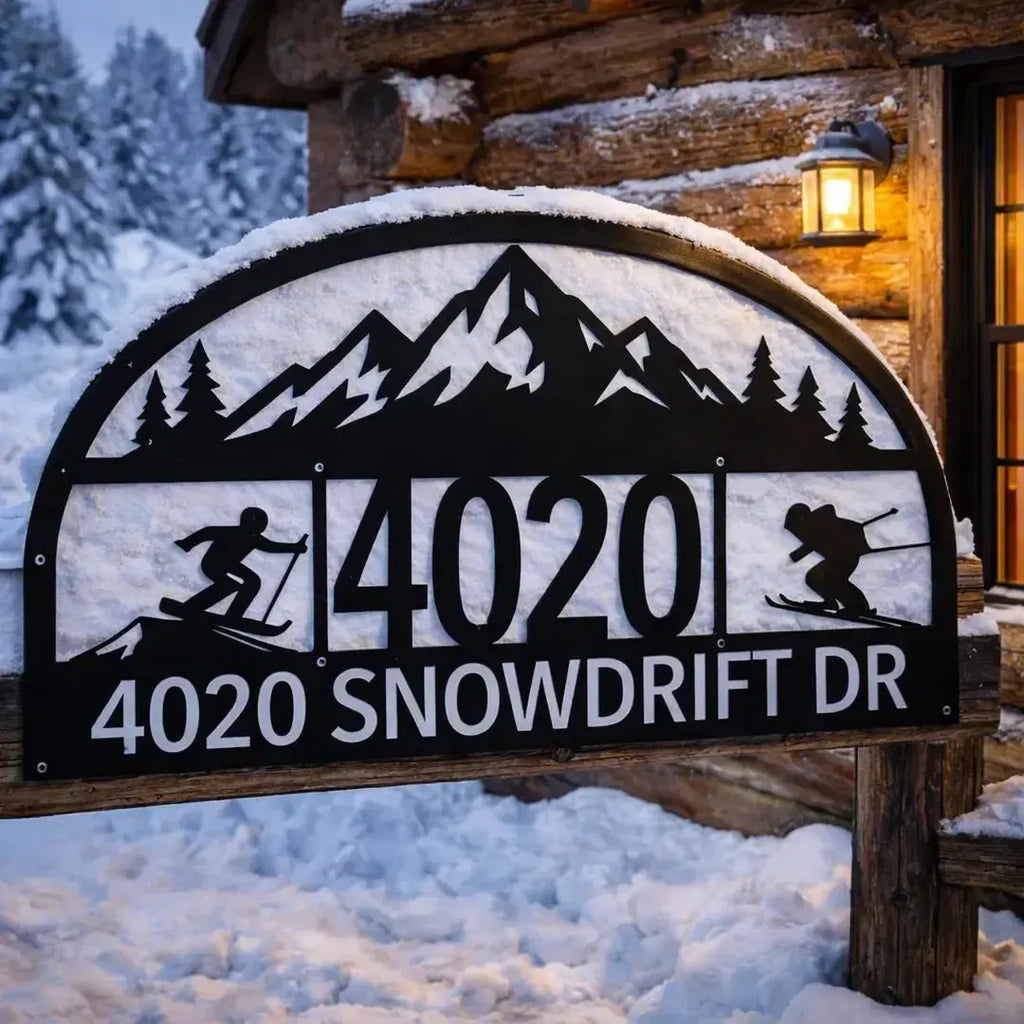 House number sign with mountain design and '4020 Snowdrift Dr' text in a snowy setting.