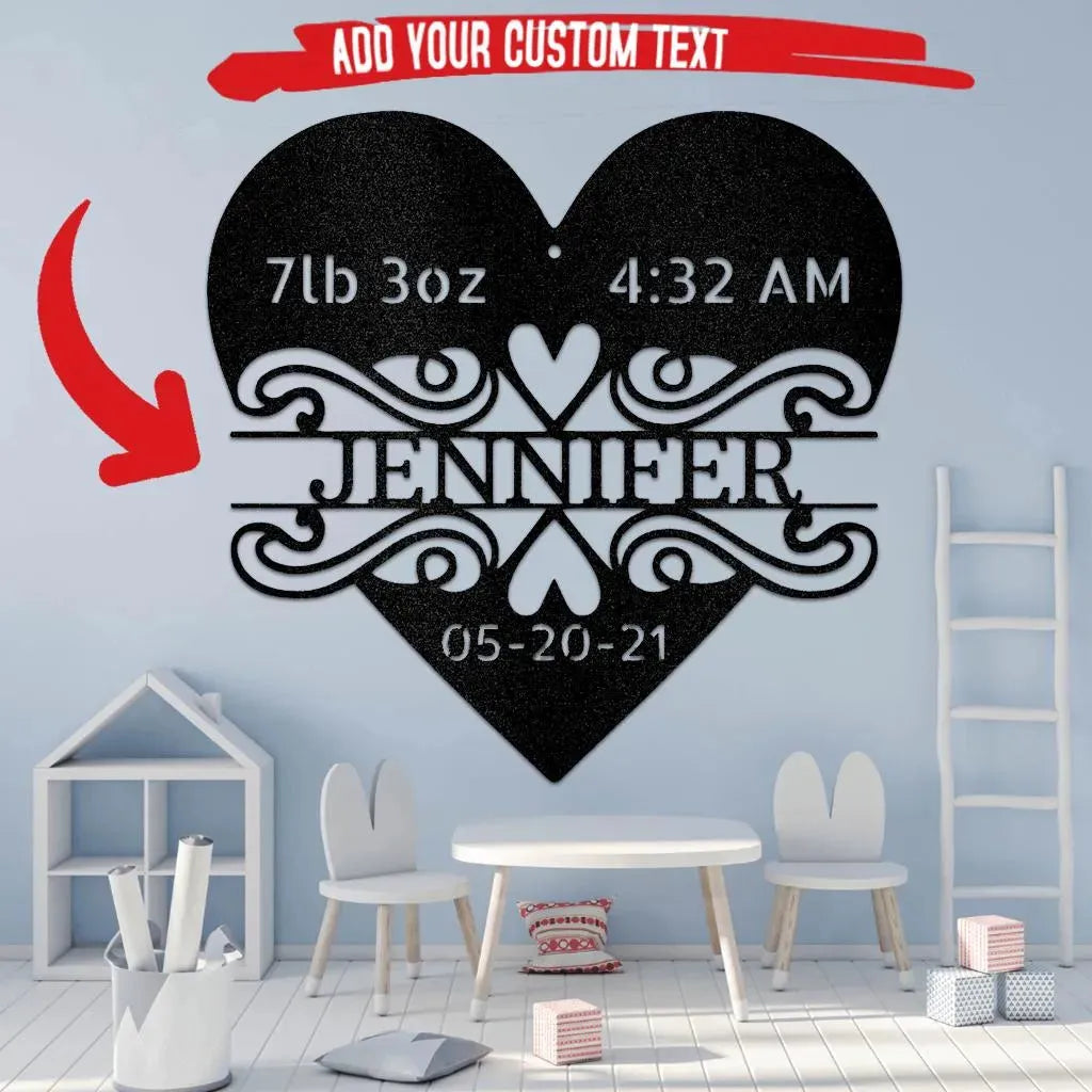 Black metal heart wall art with "Jennifer," birth weight, time, and date for a nursery.