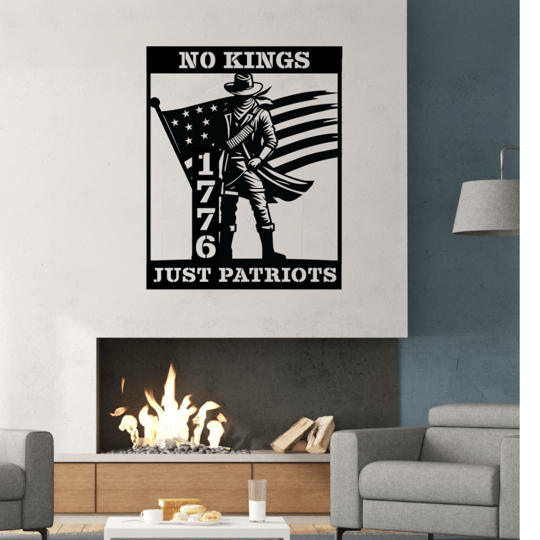 Wall art with a patriotic design featuring a person holding an American flag and text 'No Kings Just Patriots 1776' in a living room.