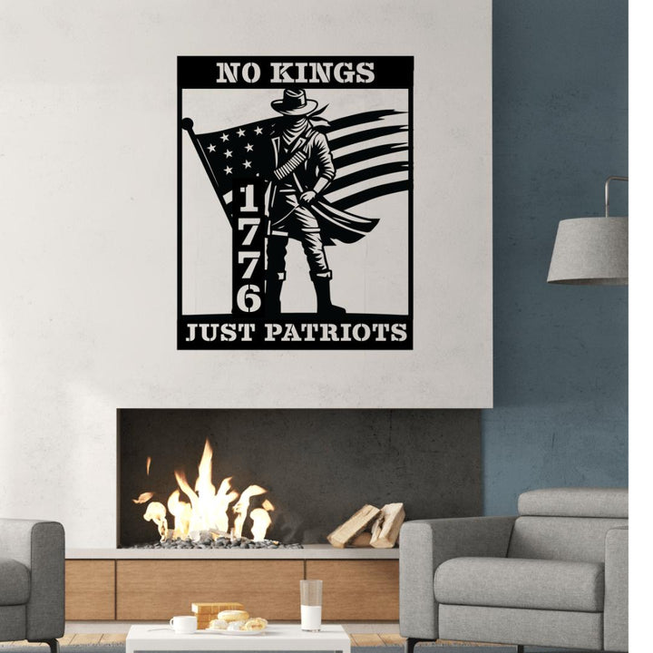 Wall art with a patriotic design featuring a person holding an American flag and text 'No Kings Just Patriots 1776' in a living room.
