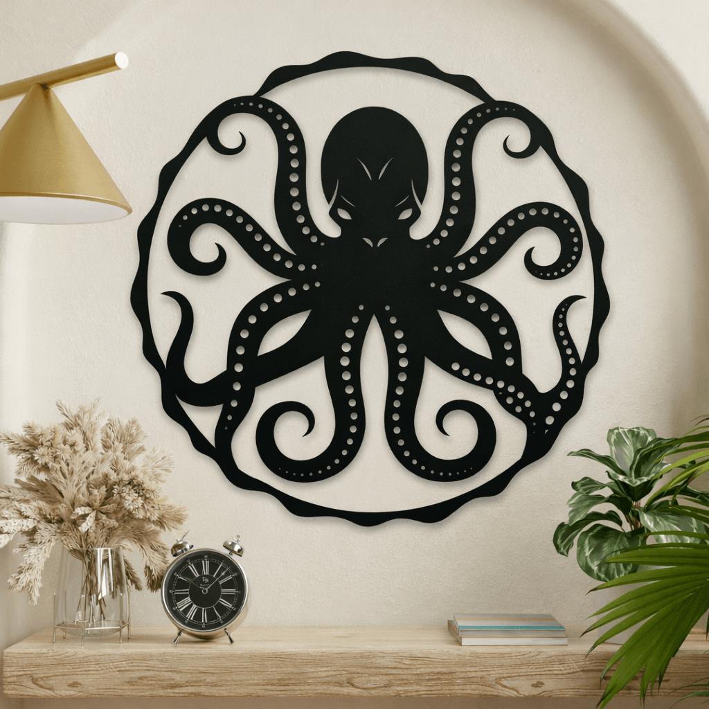 Black metal octopus wall art on a beige wall with a wooden shelf and decorative items.