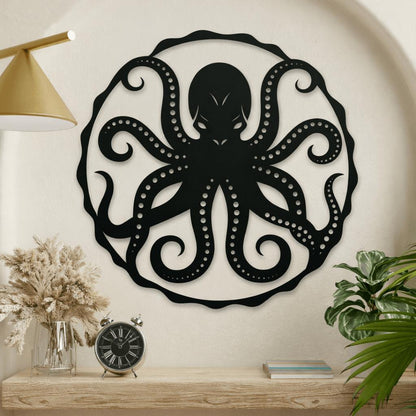 Black metal octopus wall art on a beige wall with a wooden shelf and decorative items.
