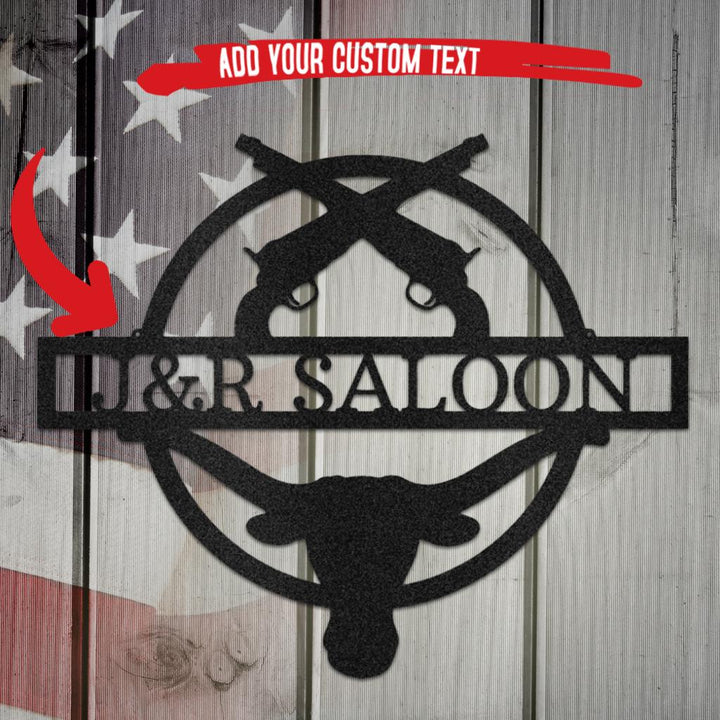 Black metal Old School Saloon Monogram with crossed pistols, custom text, and bull skull design.