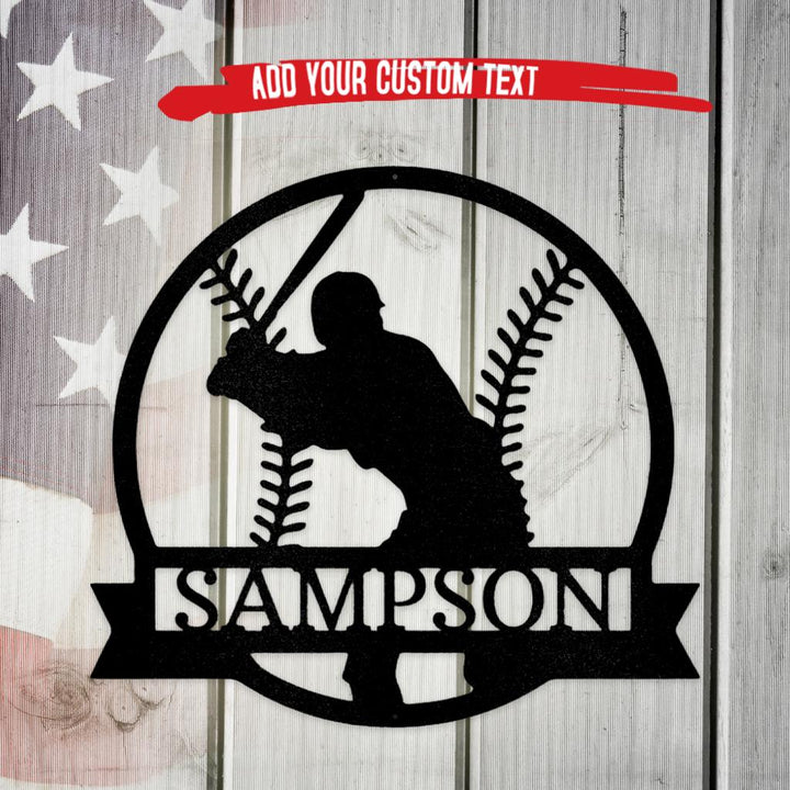 Black metal baseball monogram wall art featuring a batter silhouette and "SAMPSON" text.