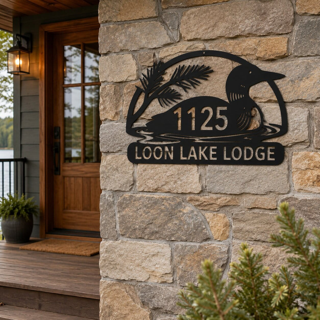 A black metal custom house sign mounted on a stone pillar, featuring a loon silhouette, palm tree, the number 1125, and the text 'LOON LAKE LODGE'. The sign is shown in an outdoor residential setting next to a wooden front door.