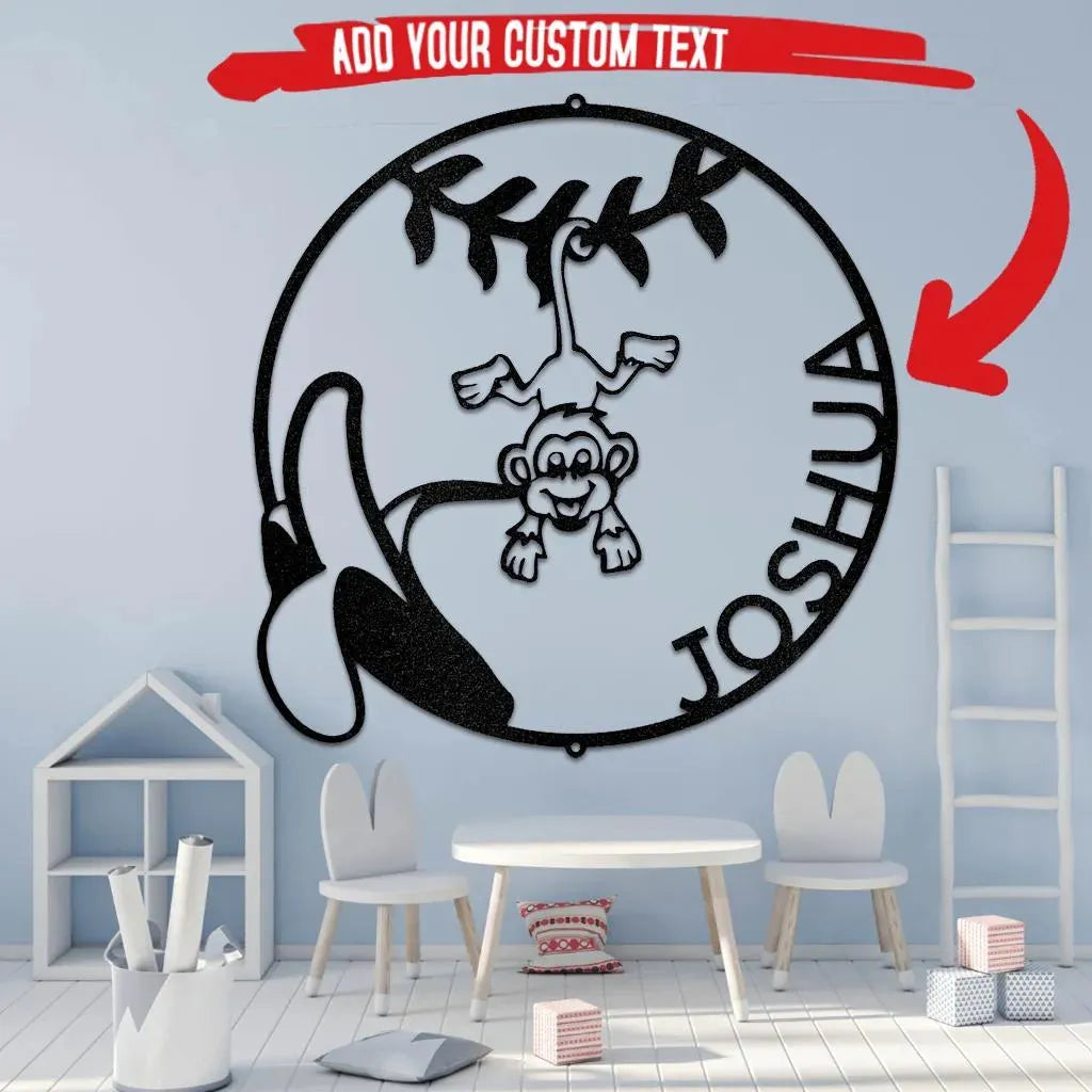 Black metal wall art with a monkey, banana, and "JOSHUA" custom text, perfect for a nursery.